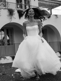 Simple A Line Strapless White Satin Tulle Long Wedding Dress HZ1023