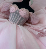 Pink Off the Shoulder Beaded Pearl Tulle Long Prom Dress Quinceanera Dress Ball Gown HZ1023
