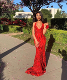 Red Deep V Neck Mermaid Prom Dress,Formal Evening Dress HZ1023