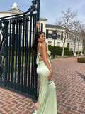 Elegant Mermaid Straps Light Green Satin Open Back Prom Dress Evening Dress HZ1023