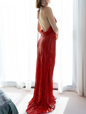 Sexy Sheath Halter Red Satin Long Open Back Prom Dress Evening Dress HZ1023
