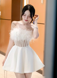 Cute White A Line Strapless Corset Feather Satin Short Homecoming Dress Cocktail Dress HZ1023