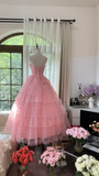 Cute A Line Sweetheart Neck Pink Layered Lace Tulle Long Party Dress Birthday Dress HZ1023