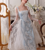 Gentle Baby Blue Satin White Lace Long Sleeve Prom Dress Party Dress Birthday Dress HZ1023