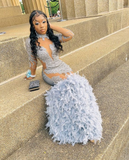 Luxurious Beaded Long Sleeves Mermaid Prom Dress With Feathers HZ1023