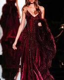 Burgundy Sheath Spaghetti Strap Sequin Velvet Long Prom Dress Graduation Prom Dress HZ1023