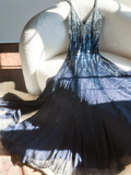 Gorgeous A Line Spaghetti Strap Beaded Sequin Navy Blue Chiffon Long Prom Dress Evening Dress HZ1023