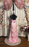 Vintage Pink A Line One Spaghetti Strap Lace Beaded Satin Long Prom Dress Evening Dress HZ1023