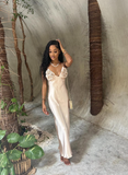 Beige A Line Spaghetti Strap Floral Satin Prom Dress Evening Dress HZ1023
