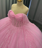 Charming Ball Gown Off-The-Shoulder Appliques Pink Tulle Sweet 16 Dress, Quinceanera Dress HZ1023
