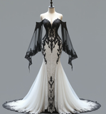 Unique Mermaid Long Sleeve Black White Lace Tulle Long Prom Dress Evening Dress HZ1023