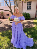 Stunning A Line Off the Shoulder Corset Tiered Purple Tulle Prom Dress Evening Dress HZ1023