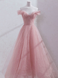 Cute Pink Princess Tulle Sequin Prom Dress Off The Shoulder Evening Dress HZ1023