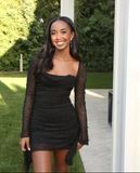 Black Tulle Pearl Beaded Homecoming Dress Short Prom Dress HZ1023