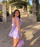 Cute Yellow A Line Ruffles Satin Open Back Short Homecoming Dress Outfits HZ1023