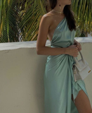 Chic One Shoulder Satin Party Dress Long Prom Dress Evening Dress HZ1023