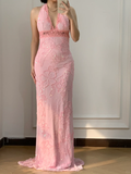 Vintage Sheath V Neck Beaded Pink Chiffon Long Prom Dress Evening Dress HZ1023