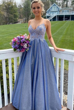 Chic Blue Satin Appliques Long Evening Dress Prom Dress HZ1023