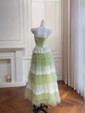New A Line Spaghetti Strap Layered White Lace Green Tulle Party Dress Evening Dress HZ1023
