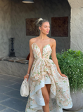 Fairy A Line V Neck Print Floral Chiffon Short High Prom Dress Evening Dress HZ1023