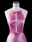 Cute Mermaid Halter Bow Pink Satin Open Back Prom Dress Graduation Prom Dress HZ1023