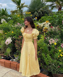 Cute Puff Sleeves Yellow Prom Dress Slit Party Dress Evening Dress HZ1023