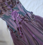 Vintage Purple A Line Strapless Flower Beaded Sequin Satin Tulle Prom Dress Gown HZ1023