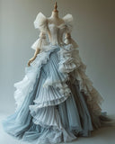 Luxurious A Line Long Sleeve Ruffle Blue White Tulle Prom Dress Evening Dress HZ1023