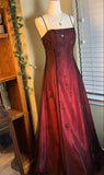 Vintage A Line Spaghetti Strap Beaded Black Chiffon Burgundy Satin Prom Dress Graduation Prom Dress HZ1023