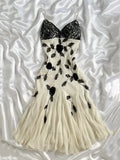 Elegant A Line Spaghetti Strap Black Lace Beaded Ivory Chiffon Party Dress Evening Dress HZ1023