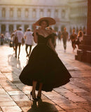 Classic Black A Line Off the Shoulder Satin Prom Dress Party Dress HZ1023