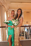 Green Sweetheart Neck Ruffle Satin Long Prom Dress Evening Dress with Slit HZ1023