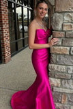 Hot Pink Mermaid Strapless Bow Satin Long Prom Dress Evening Dress HZ1023