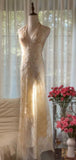 Elegant Sheath Halter Beaded Ivory Chiffon Open Back Party Dress Evening Dress HZ1023