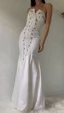 Exquisite Beaded Mermaid Strapless White Satin Prom Dress Party Dress HZ1023