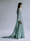 Muted Green A Line Long Sleeve Chiffon Prom Dress Party Dress HZ1023