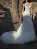 Elegant White Mermaid Spaghetti Straps Sequin Tulle Open Back Long Party Dress Date Dress HZ1023