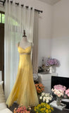 Yellow A Line Strap Beaded Sequin Chiffon Open Back Prom Dress Evening Dress HZ1023