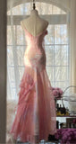 Fairytale Pink Mermaid Spaghetti Strap Beaded Ruffle Chiffon Prom Dress HZ1023