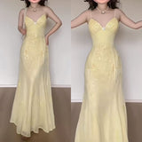 Elegant Mermaid Spaghetti Straps Yellow Chiffon Long Prom Dresses Evening Dress HZ1023