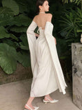 White Simple Clean A Line Halter Long Sleeve Satin Long Prom Dress Evening Dress HZ1023