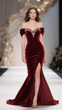Classic Burgundy Mermaid Off the Shoulder Beaded Velvet Prom Dress Party Dress with Slit HZ1023