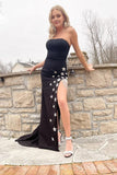 Black Sheath Strapless Prom Dress with Stars and Fringes HZ1023