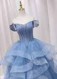 Blue Off-the-shoulder Beaded Tulle Long Formal Dress Ball Gown HZ1023