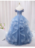 Blue Off-the-shoulder Beaded Tulle Long Formal Dress Ball Gown HZ1023