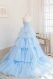 Blue A-Line Strapless Tulle Layers Long Prom Dress Evening Dress HZ1023