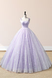 Purple A Line Straps Embroidered Tulle Floor Length Evening Dress Prom Dress HZ1023