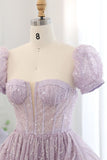 Lilac A Line Puff Sleeve Sequins Ruffle Tulle Prom Dress HZ1023