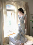 Gentle Mermaid Strap Print Flower Blue Chiffon Party Dress Evening Dress HZ1023