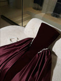 Classy A Line Strapless Pearl Dark Burgundy Velvet Satin Party Dress Wedding Guest Dress HZ1023